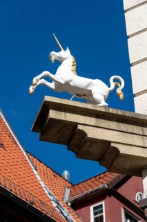 The old town centre of Lüneburg, central square Am Sande, with medieval gabled houses, Einhorn,