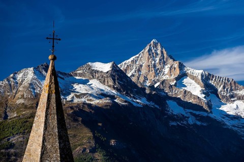 The Bietschhorn near Visperterminen, Swiss Alps, mountain, church, church tower, village, mountain
