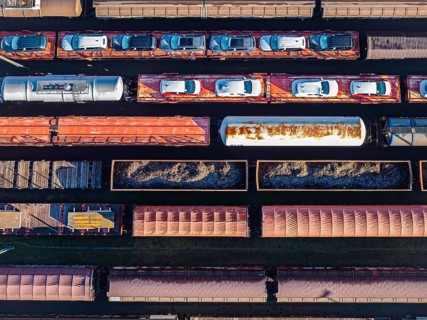 Deutsche Bahn AG marshalling yard. Many goods trains are parked on the tracks with tank wagons, car