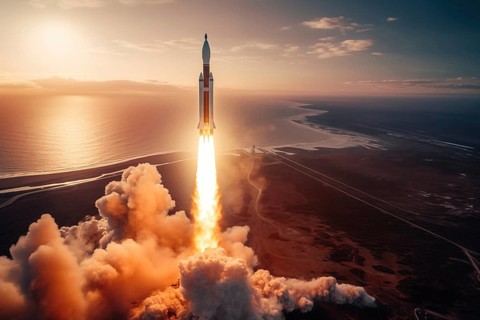 Aerial view of a rocket launch at sunrise sunset over an ocean coast. The rocket is blasting off