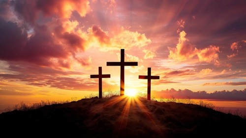 Easter concept three crosses on Golgotha Calvary hill against a dramatic sunset, AI generated