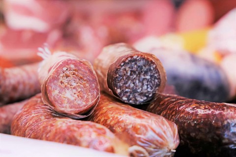 Sausage counter in a butcher's shop