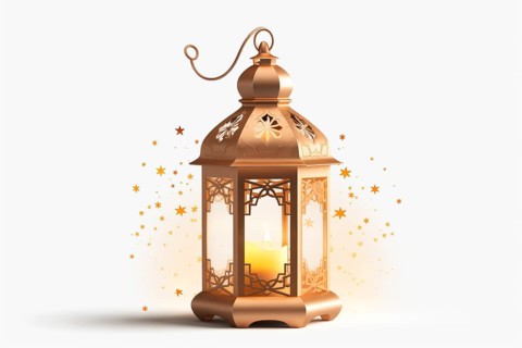 Golden Ramadan lantern on white background emits a warm glow, surrounded by sparkling stars,