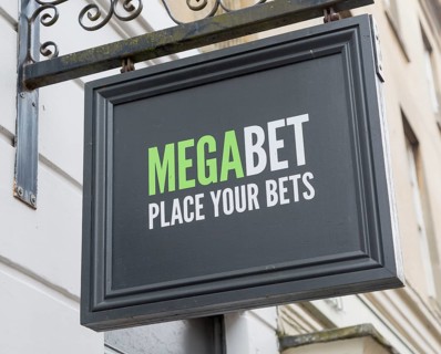 Close up of wall mounted Megabet betting shop sign, 'Place your Bets', Devizes, Wiltshire, England,