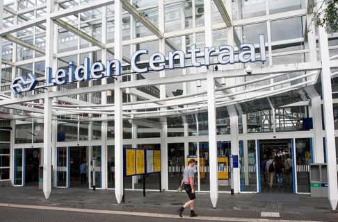 Exterior sign and frontage of Leiden Centraal railway station, Netherlands