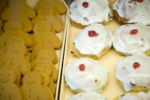 Cakes in a bakery display