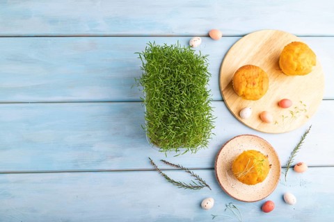Homemade cakes with chocolate eggs and carrot microgreen on a blue wooden background. top view,