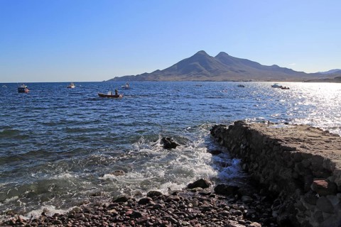 View out to sea and Los Frailes volcanoes from, Isleta de Moro village, Cabo de Gata natural park,