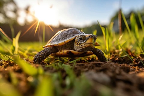 A cute little turtle crawls in grass, illuminated by the golden rays of the setting sun, AI