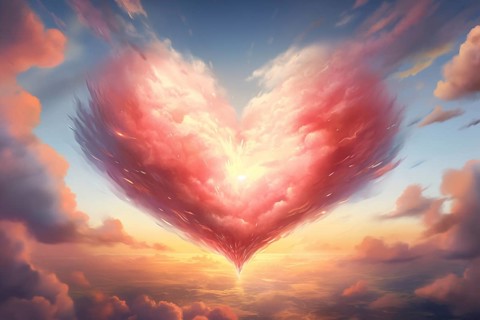Painting of a heart-shaped cloud illuminated by the warm hues of sunset, floating above a serene