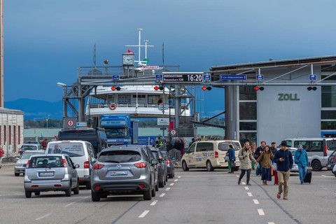 Ferry port, customs building, cars, travellers, Friedrichshafen on Lake Constance,
