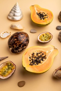 Ripe cut papaya, passion fruit, seashells, pebbles on orange pastel background. Side view, close up