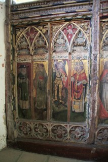 Medieval rood screen paintings, St Andrew church, Westhall, Suffolk, England, UK