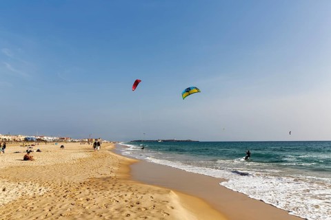 Sandy beach beach Playa de los Lances, kitesurfers and walkers, Tarifa, Strait of Gibraltar, Costa