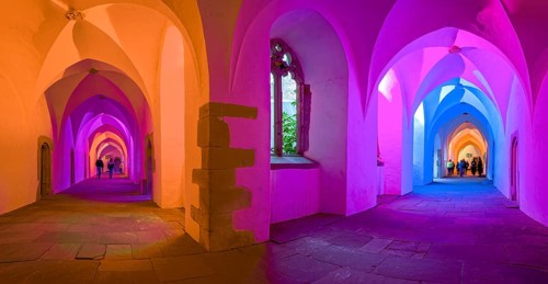 KReuzgang Möllenbeck Monastery Panorama colourfully illuminated Möllenbeck Rinteln Germany