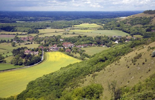 Nucleated spring line village of Poynings set in the clay farmland of the Weald, West Sussex,