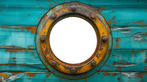 Vintage aged brass ship porthole mounted on a wooden hull with a white background. generative AI,