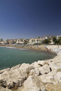 Sandy beach with bathers and hotels at Torremolinos, Costa del Sol, Malaga, Spain, Europe