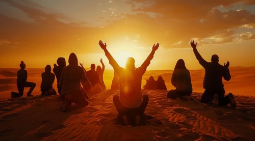 Kneeling people praying to god and Jesus in the desert. Scenic dramatic sunset, AI generated