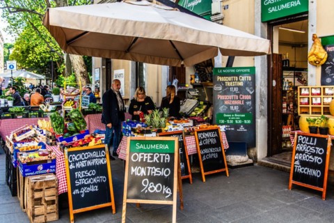 Vegetable shop, Cavana district with its numerous bars and restaurants, Trieste, harbour town on