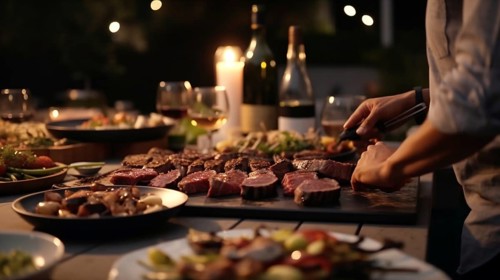Chef cooking Japanese wagyu beef in a backyard BBQ setting, generatvie AI, AI generated