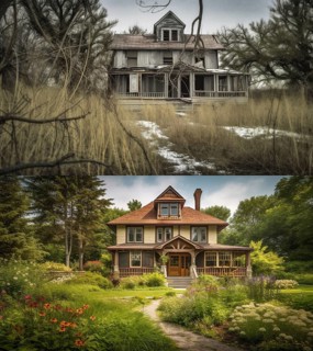 Run-down country house before and after renovation construction, generative AI, AI generated