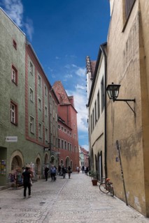 Historic town houses in an old town alley, Regensburg, Upper Palatinate, Bavaria, Germany, Europe