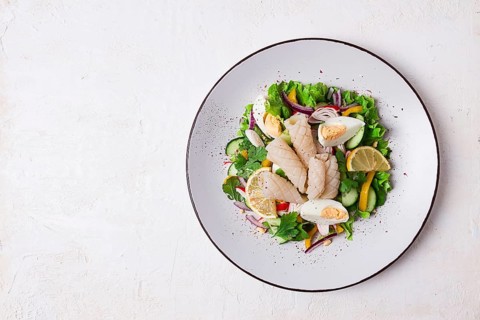 Salad of squid and vegetables, with egg, homemade, no people
