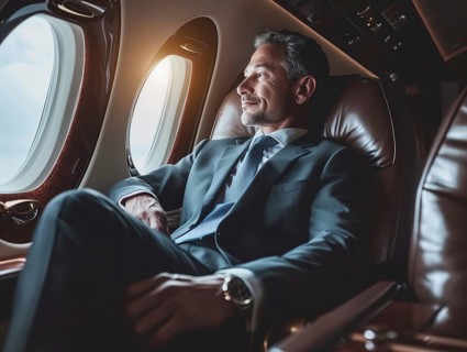 Successful businessman sitting in a plane, looking out the window. Business travel, global