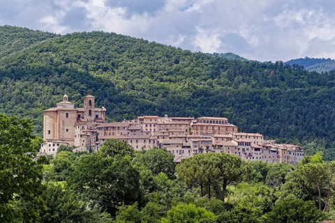 The village of Contigliano in the province of Rieti, with town walls and the collegiate church of