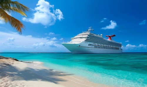A large cruise ship is docked at the beach. The ship is white and is surrounded by a blue ocean.