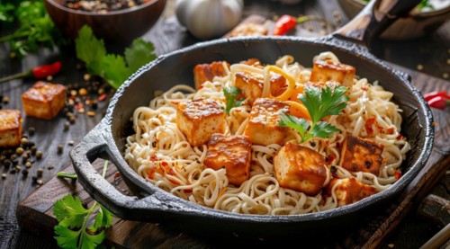 Healthy plate of tofu mixed with other foods to boost healthy diet, AI generated