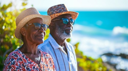 Healthy and happy active senior couple enjoying retirement close to a beach property, AI generated