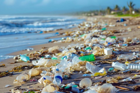Plastic waste pollution, trash damages environment and ecology balance on earth, AI generated