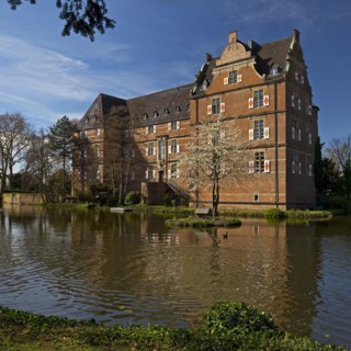Bedburg Castle, former moated castle in the Erft lowlands, Rhine-Erft district, Lower Rhine, North