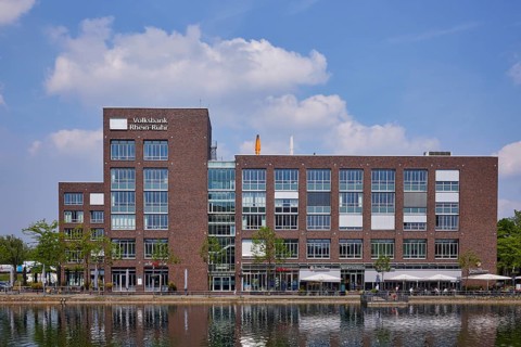 Head office and main cash desk of Volksbank Rhein-Ruhr am Innenhafen in Duisburg, Ruhr area,