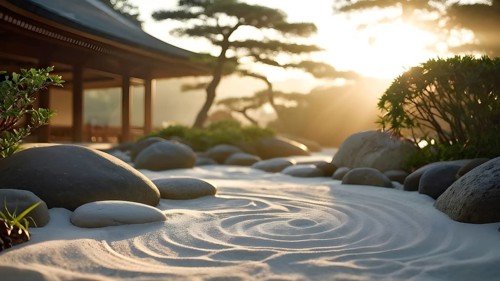 Zen garden bathed in the soft glow of dawn as a serene symbol for relaxation, AI generated