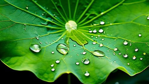 Close up of a lotus leaf showcasing its hydrophobic tendencies repelling water droplets, AI