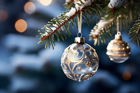 Set of Christmas ornaments hanging on a snow-covered pine tree branch, with frost clinging to the