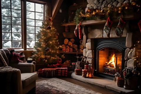 Traditional stone fireplace decorated for Christmas, with garlands, stockings, and candles, set in