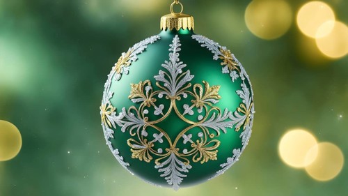 Close up of a frosted green Christmas ornament, detailed with tiny ice crystals, delicate carvings,