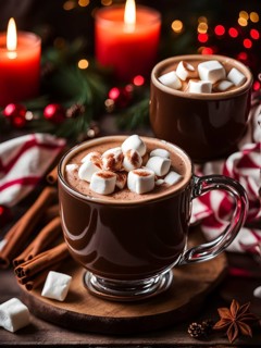 A close-up of a steaming cup of hot cocoa topped with marshmallows, surrounded by cinnamon sticks,