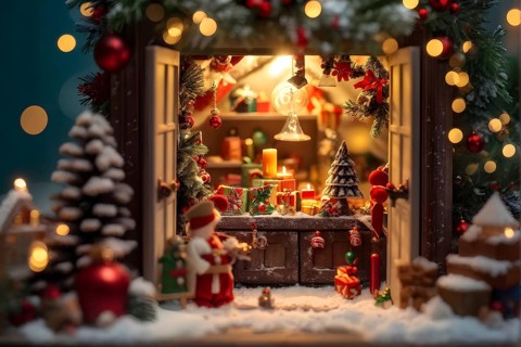 Traditional advent calendar door opening, showing a tiny festive scene inside with miniature