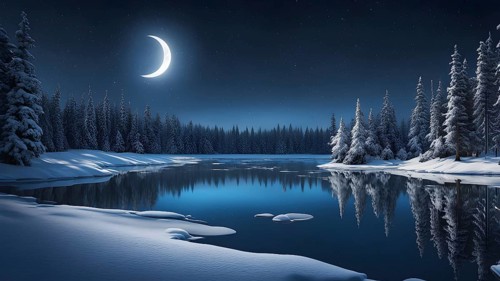 Tranquil winter night scene with a crescent moon and stars shining brightly over a frozen lake,