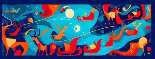 Whimsical abstract scene with stylized reindeer and sleighs to capture the magic of Christmas, AI