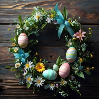 Spring wreath with pastel ribbons, speckled eggs, and blooming flowers, hanging on a wooden