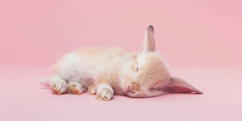 Cute baby bunny sleeping on pink studio background. Generative Ai, AI generated