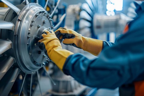 Close up of person working on windmill part in factory. Generative Ai, AI generated