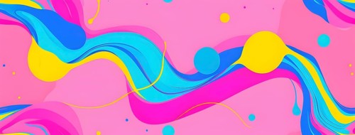 Abstract image with colorful yellow and turquoise blobs and liquid shapes on a pink background, AI