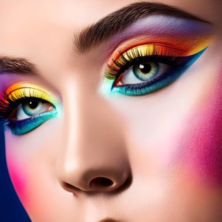 Close up of eye featuring vibrant colored eyelids with intense eye shadow, AI generated